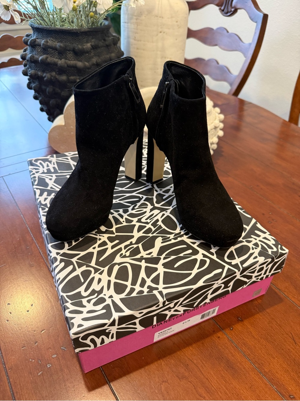 Diane Von Furstenberg Black Suede Block Heel Ankle Booties
